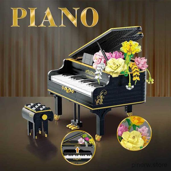 Blöcke Kreative Schwarz Klavier Rosa Rose Bouquet Modell Bausteine Musik Instrument Bau Bricks Set Spielzeug Kinder Erwachsene Geschenk