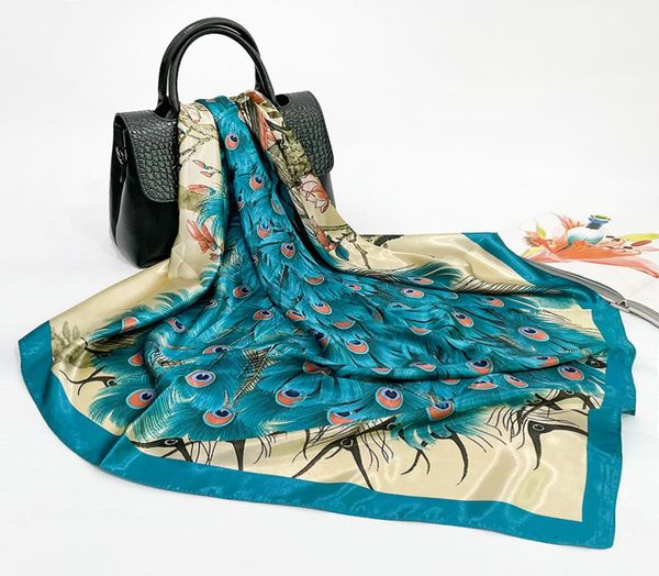 Novo designer de moda lenço de seda feminino marca impressão penas de pavão lenços de seda foulard 4314865