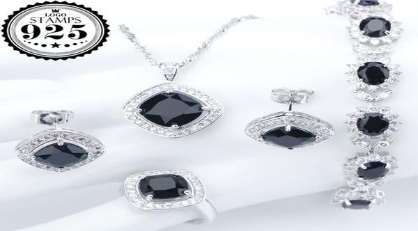 Prata 925 traje casamento preto zircão conjuntos de jóias para mulheres pulseiras brincos anéis pingente colar conjunto jóias presente box9722447