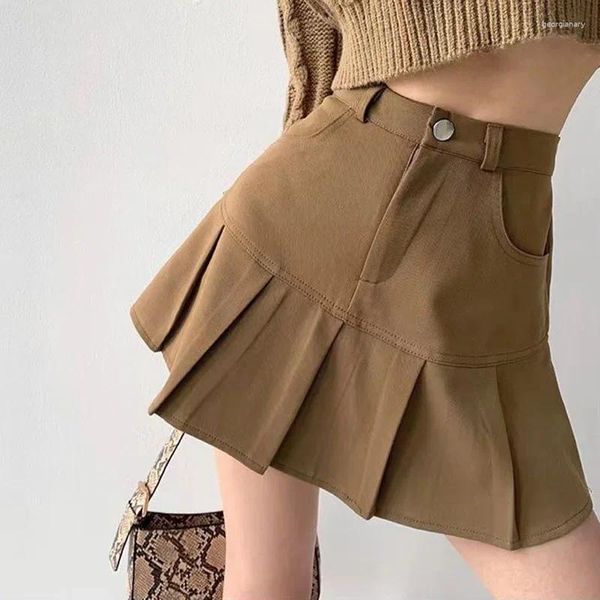 Saias vintage cintura alta saia plissada mulheres estilo universitário uniformes calças de segurança mini mulher coreana rua magro a-line
