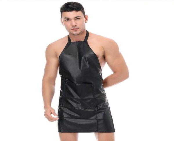 Catsuit trajes de couro falso catsuit sexy homens masculino lingerie oco out teddy bodysuit empregada doméstica manservant cosplay avental frente aberta cr8671883