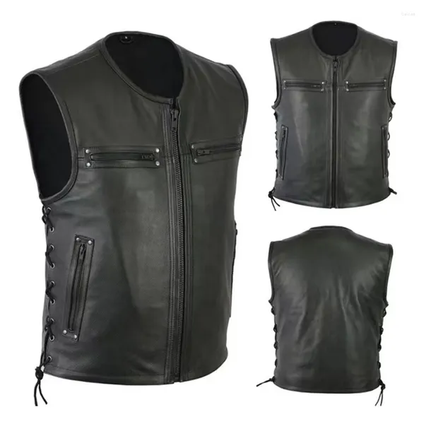 Coletes masculinos Homens Steampunk Motocicleta Jaqueta de Couro Sólida Bolso Grande Sem Mangas Retro Mens Colete Casual Plus Size Estilo Medieval