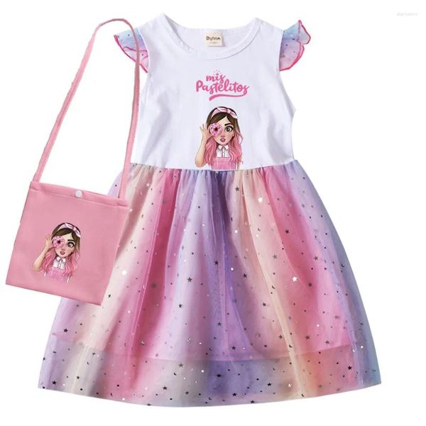 Платья для девочек Mis Pastelitos, одежда для маленьких девочек с короткими рукавами и маленькой сумкой, детские платья принцессы для свадебной вечеринки с героями мультфильмов