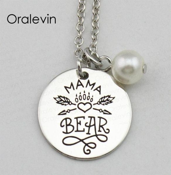 Fai da te MAMA BEAR Inspirational Collana con ciondolo con ciondolo inciso a mano timbrato con incisione in metallo Gioielli in argento colore 18 pollici 22 mm 10 pezzi / lotto 5469497