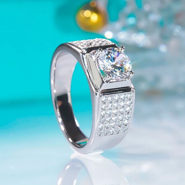 Qinhuan clássico real homem anel redondo s925 prata esterlina banhado a platina diamantes casamento para homens jóias finas 240125