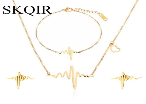 SKQIR Set di gioielli per battito cardiaco medico per donne Regalo medico Oro argento Collana in acciaio inossidabile Bracciale Orecchini Set di gioielli157F6336201