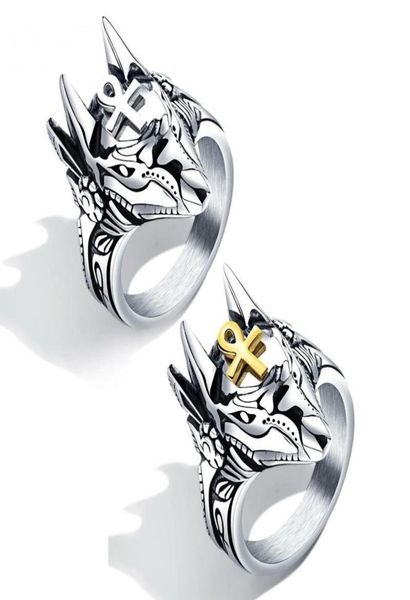 Hip Hop Anubis Wolf Head Ring für Männer Luxusdesigner Gold Silber Ankh Antike Ägypten Glaube Ringe Vintage Edelstahl Punk COO6787512