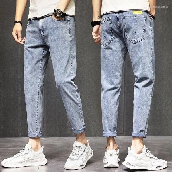 Мужские джинсы для мужчин эластичные светло-голубые мужские ковбойские брюки эластичные брюки приталенные узкие обтягивающие укороченные брюки 2024 тренд корейский стиль