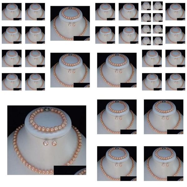 Браслет, серьги, ожерелье, ожерелье, 78 мм, розовый жемчуг Акойя, браслет, наборы сережек, Прямая доставка, ювелирные наборы ювелирных изделий Dhpkx