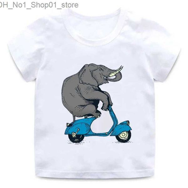 T-Shirts Kinder niedlicher Elefant reitet Motorrad-Druck-T-Shirt 3D-Elefant-Shirt Jungen und Mädchen weiches Rundhals-Freizeit-T-Shirt Q240218