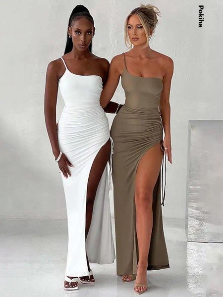 Lässige Kleider POKIHA One Shoulder Strap Oberschenkel Hohe Split Maxi Kleid Für Frauen Robe Ärmellos Rückenfrei Bodycon Sexy Club Party Lange