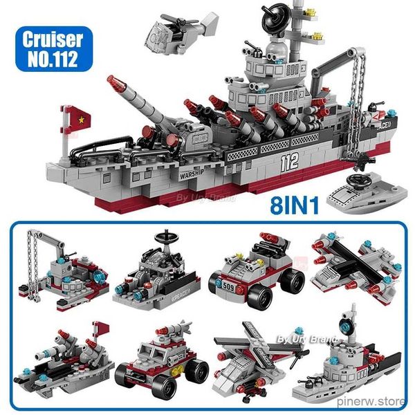 Blöcke 554PCS Stadt Militär Serie 112 Cruiser Schiff 8in1 Modelle Armee Kriegsschiff Flugzeug Lkw Bausteine DIY Spielzeug für Jungen Kinder Geschenk