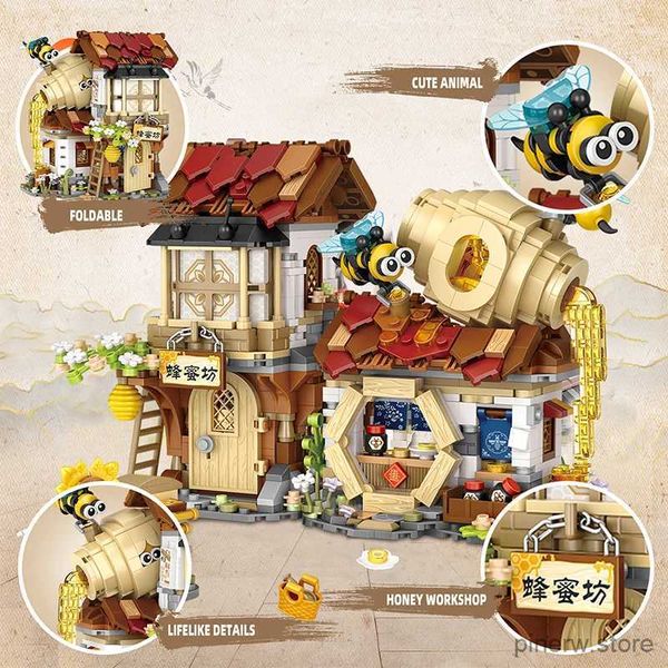 Blocchi nuovo creativo Mini Street View Bee Shop Building Block fai da te cinese pieghevole StreetView Pork Shop Puzzle giocattoli per bambini regalo