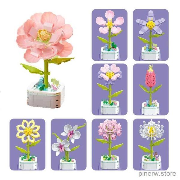 Blocos de girassol buquê bloco de construção kit diy eterna orquídea flores bloco brinquedo conjunto rosa vasos tijolos montagem menina adulto amigo presente
