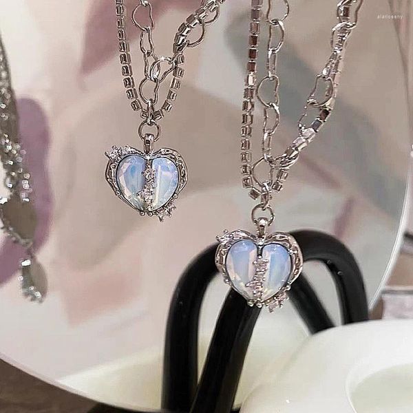 Anhänger Halsketten COCONAL Split Herz Halskette Opal Metall Silber Farbe Perle Mehrschichtig Für Frauen 2024 Trendy Elegante Y2K Schmuck Geschenk