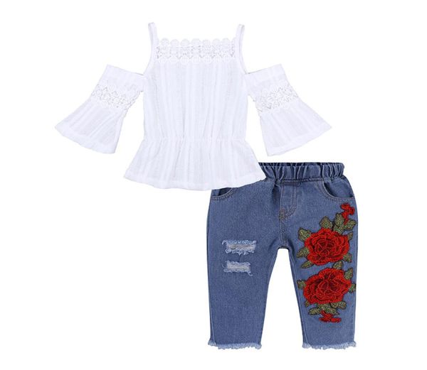 Crianças recém-nascidas bebê meninas estilingue branco topos bordados denim calças compridas buraco jeans outfits criança infantil roupas set2152787