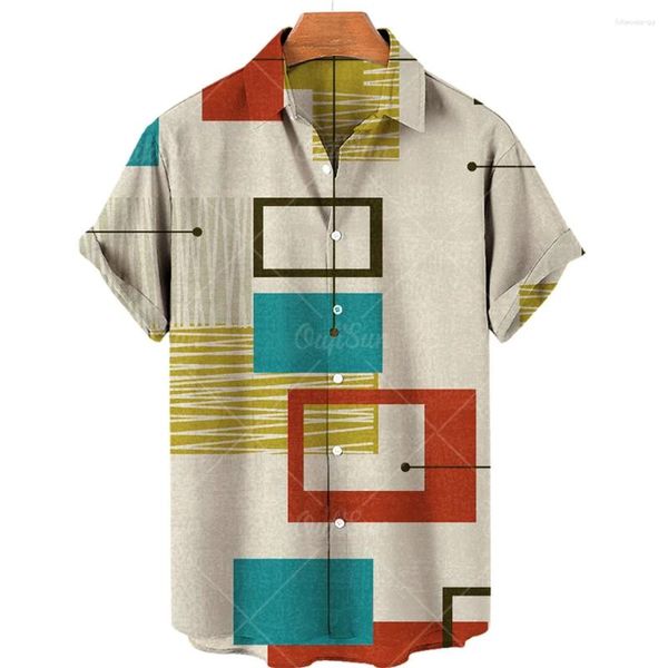 Мужские повседневные рубашки, гавайская рубашка с коротким рукавом, полосатый пляжный топ с одной пуговицей, винтажная одежда, лето 2024