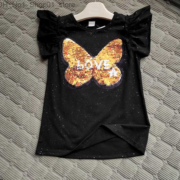 T-Shirts Kız Pullu Üst Değiştiren Renk Kelebek Değiştirilebilir Tersinir Sequins Girls T-Shirts Çocuk Moda T Shirt Çocuk Üstleri Giysileri Q240218