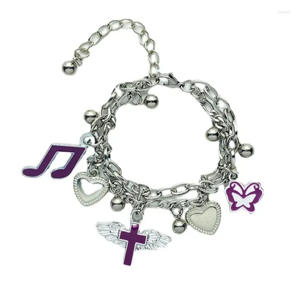 Braccialetti con ciondoli Bracciale in acciaio in acciaio al titanio con cinturino a catena a doppio strato con croce viola e nota d'amore per donna