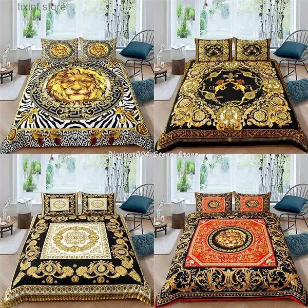 Conjuntos de cama Têxteis para casa Luxo 3D Golden Lion Print Duvet Cover Set 2/3 Pcs caso Kids Bedding Set AU / EU / UK / US Queen e King Size T240218