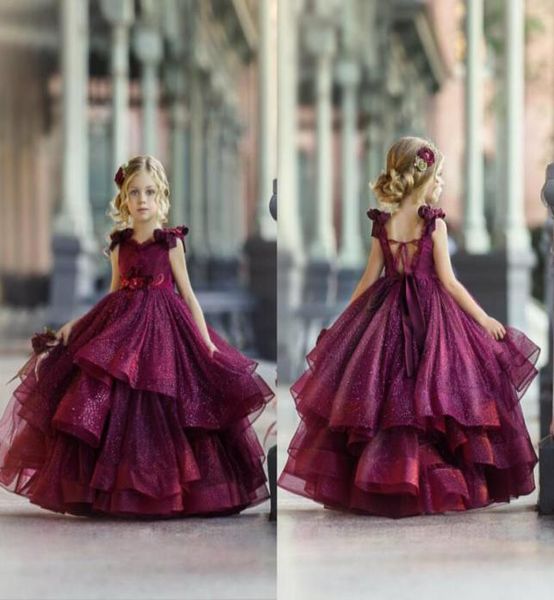 2020 Abiti da ragazza di fiore bordeaux per perline di pizzo da sposa 3D applicazioni floreali per bambine Abiti da spettacolo Abiti da festa Principessa Wea9984311