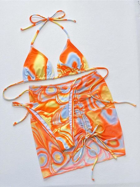 Damenbadebekleidung mit Rock Tie Dye Halter High Cut Bikini Frauen Weiblicher Badeanzug Dreiteiliges Set Badende Badeanzug Schwimmen K4717