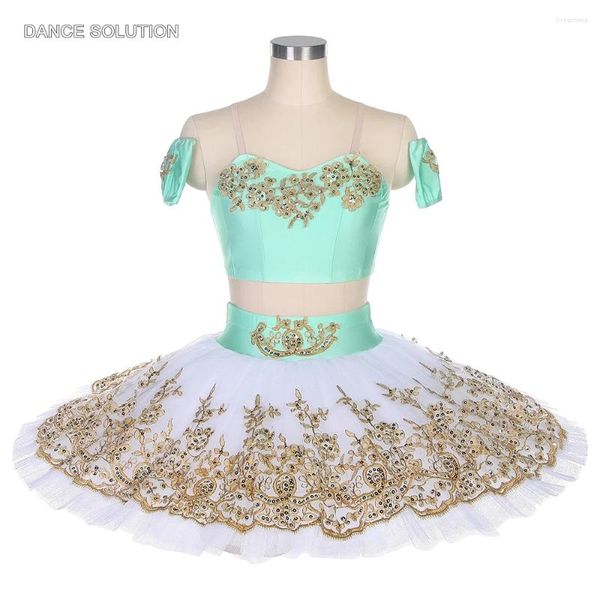 Bühnenkleidung Erwachsene und Kinder Ballett Tanzanzug Kostüm Hellgrünes Leibchen Top mit weißem Pfannkuchen Tutu Rock Performance Dancewears BLL453