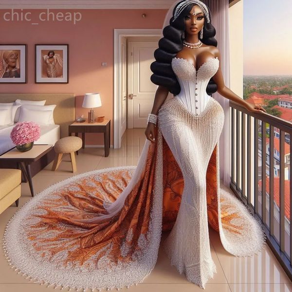 2024 Arabisch ASO EBI Plus Größe bedrucktes Spitzenperlen -Hochzeitskleid abnehmbarer Zug Satin Brautkleider Kleider ZJ2033 407