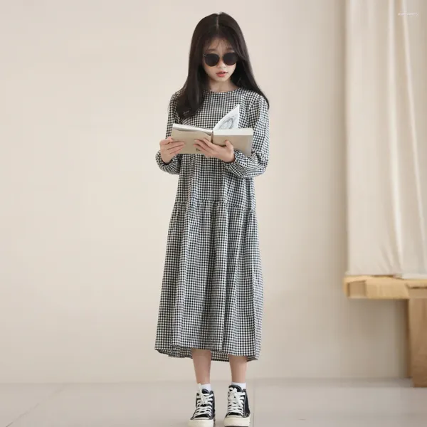 Vestidos de menina moda xadrez vestido elegante o-pescoço casual manga longa boutique crianças roupas meninas 10 a 12 adolescentes