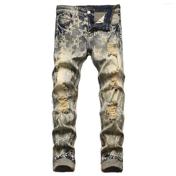 Мужские джинсы Y2k, мужские рваные джинсы со звездами, уличные брюки в стиле панк, тонкие эластичные брюки-карандаш, Ropa