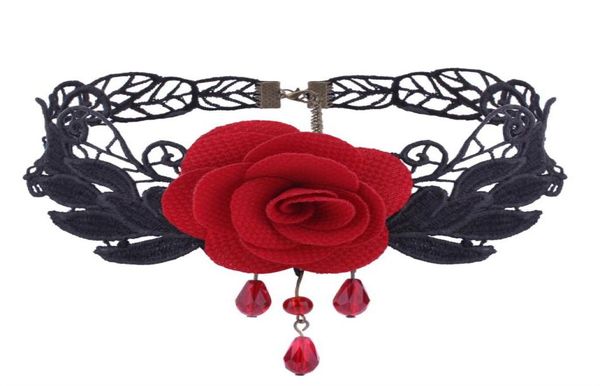Rosen-Spitzen-Halsketten, Gothic-Retro-Halskette, aushöhlen, Schmuck, Halskette mit Anhänger, zwei Farben, Schwarz, Rot, 1798432