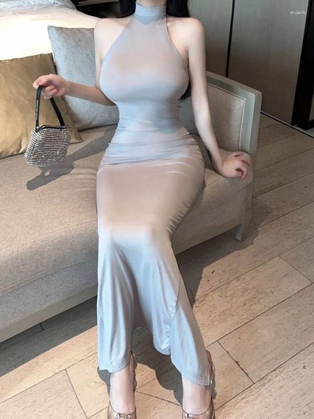 Casual Kleider WOMENGAGA Grau Robe Maxi Kleid Schlank Sexy Ärmellose Elegante Koreanische Frauen 2024 Süße XCTB