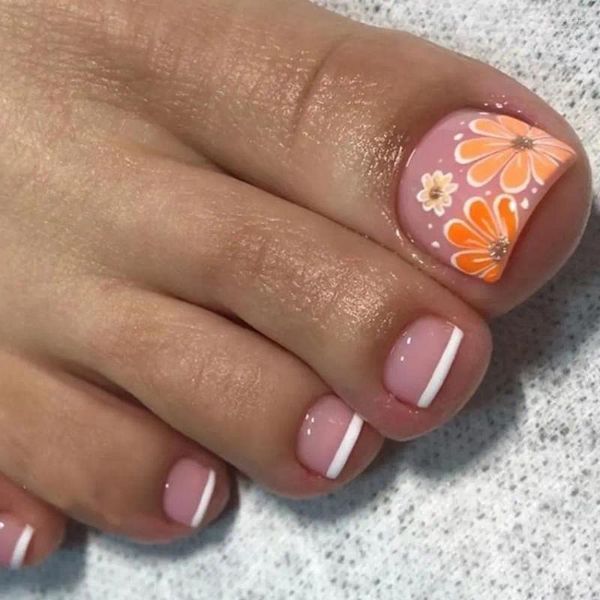 Yanlış Tırnaklar 24 PCS FRANSIZA FAGE TOENAILS Tam Kapak Çiçekleri Kısa Kare Ayak Ayak İpuçları Kadınlar için