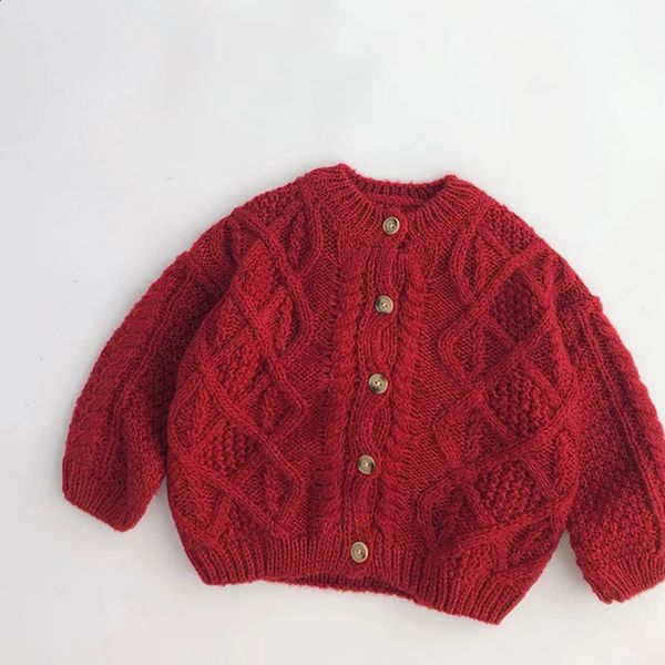 Suéter de bebê natal vermelho outono inverno bebê menino menina roupas de malha manga comprida crianças cardigan suéter outerwear 240129