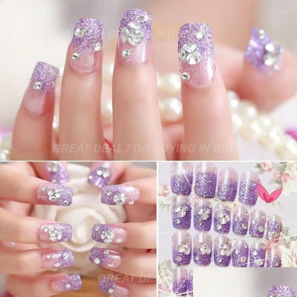 Unhas falsas roxo glitter strass prego festa de noiva artificial dupla face acessórios dicas de arte entrega de gota saúde salão de beleza otpgu