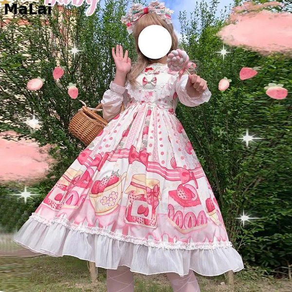 Vestidos de festa kawaii rosa lolita vestido mulheres 2024 verão doce morango jsk uma peça sling luz boneca colar menina