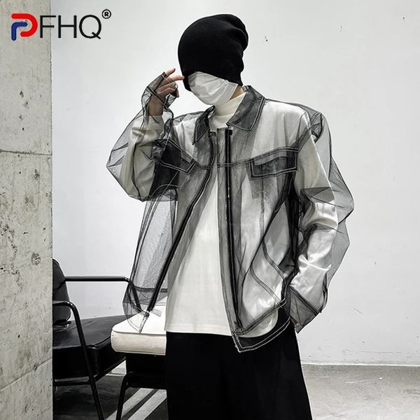 PFHQ Высококачественная сетчатая прозрачная солнцезащитная одежда Индивидуальная уличная одежда 2023 Стильные мужские куртки Модный дизайн пальто 240122