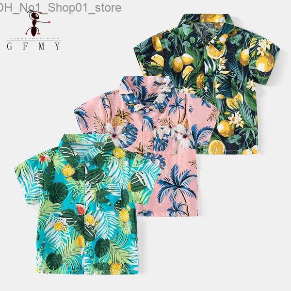 Camisetas GFMY Crianças Camisas Havaianas Meninos Verão Floral Tops Beach Holiday Button Down Camisetas Verde Rosa 3T-10T Roupas de Criança Q240218