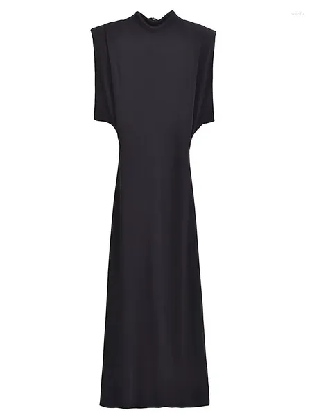 Günlük elbiseler uzun elbise 2024 bahar sonbahar kadın moda zarif kıyafet omuz yastıklı kolsuz bayanlar ince siyah parti kulüp seksi