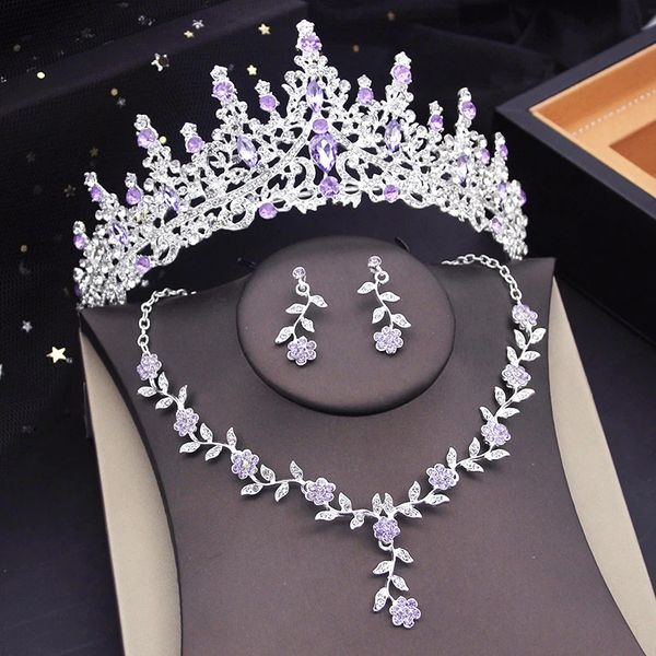 Conjunto de joias de coroa roxa, tiara de noiva, conjuntos de joias de casamento, baile, aniversário, flor, gargantilha, acessórios 240119