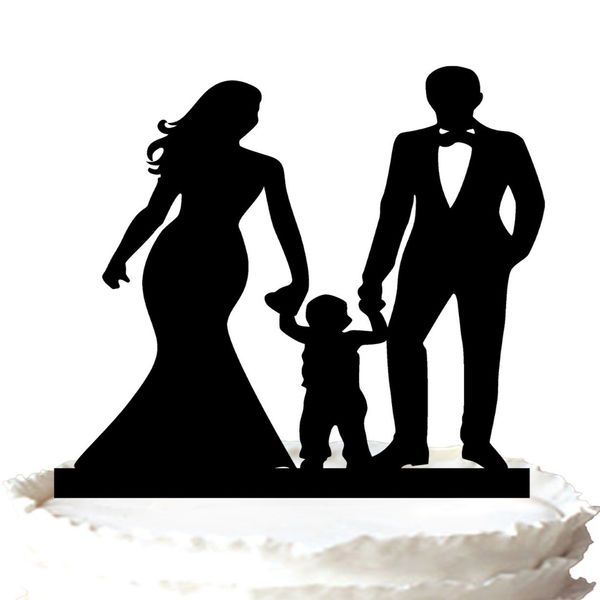 Familientortenaufsatz – Hand des Brautpaares mit der Silhouette ihres süßen Sohnes, Hochzeitstortenaufsatz in 37 Farben für Option 347S