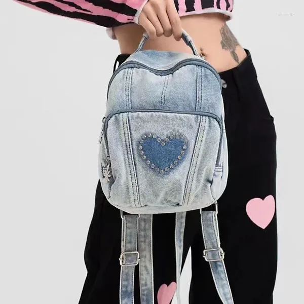 Okul Çantaları 2024 Kore Edition açık mavi denim sırt çantası yak kızlar elmas kalp eğlence retro kolej moda ile küçük