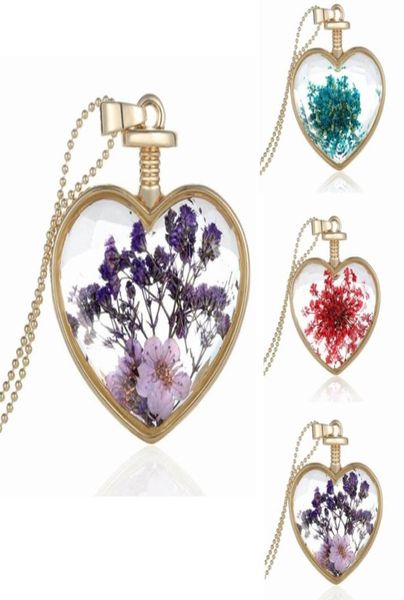 Vintage-Halskette mit Vergissmein-Blumen-Anhänger, herzförmig, gepresstes Glas, feiner Schmuck, Sommer-Stil, lange Halskette 3505894