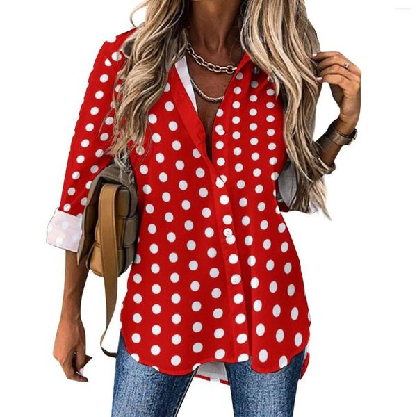 Camicette da donna Camicetta casual a pois bianchi rossi Stampa vintage Grafica divertente Camicie stile street a maniche lunghe da donna Top oversize primaverile