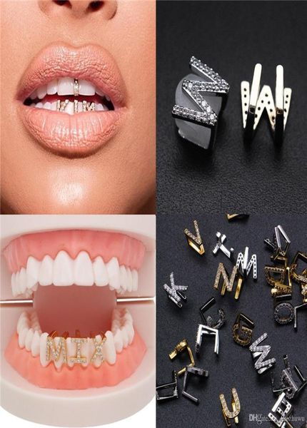 Oro Oro bianco Ghiacciato AZ Lettera personalizzata Grillz Denti pieni di diamanti Griglie fai-da-te Fondo dente cap Hip Hop Bocca dentale Denti Brac6673101