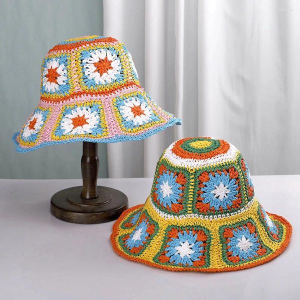 Berets Bohemia Crochet Flores Balde Chapéu Mulheres Verão Oco Praia Mulher Viagem Pescador Chapéus Ventilação Dobrável Sol