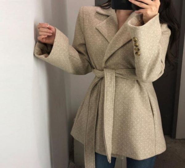 OL Giacca slim in misto lana sintetica Cappotto femminile con fusciacca Abito piccolo Cappotto autunnale Giacche per donna Mantello manteau Uk Tweed Za LJ22574408