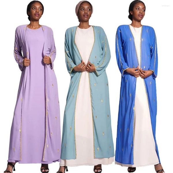 Abbigliamento etnico Ricamo a foglia Abaya Aperto Donne musulmane Dubai Chiffon Abito lungo maxi Turchia Cardigan arabo Islam Robe Kaftan Kimono Eid