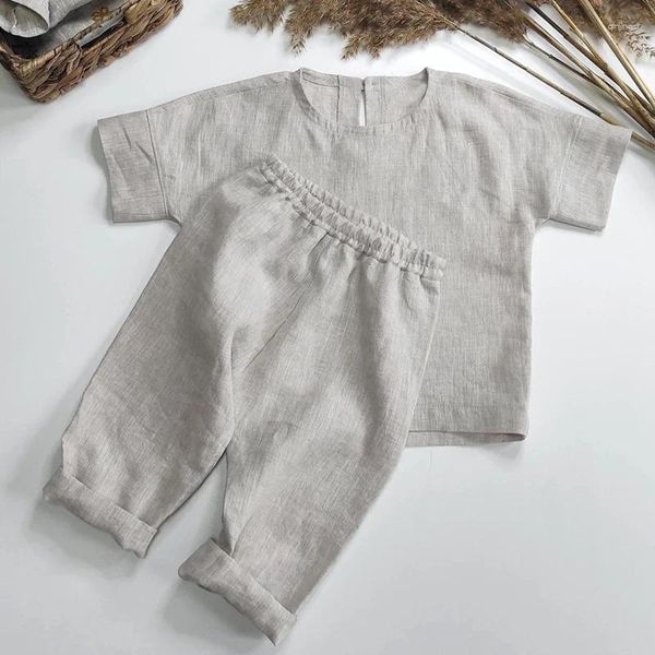 Set di abbigliamento Per bambini In cotone e lino Boho Casual Abito rustico Estate Ragazzo e ragazza T-shirt a maniche corte Pantaloni Harem 2 pezzi Set Abiti TZ448