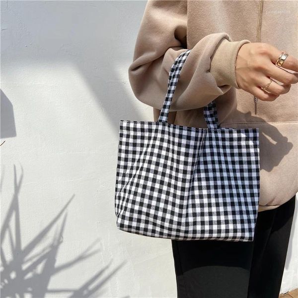 Einkaufstaschen 2024 Ly Tragbare Mittagessen Tasche Japanische Plaid Baumwolle Picknick Lebensmittel Frauen Einfache Kleine Tote Koreanische Stil Kinder